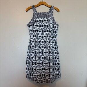 Title Nine Diamalete Athletic Tank Dress Gray Blue Geometric Ikat Shelf Bra SZ M